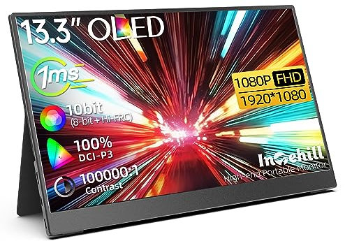 Intehill Oled Portable Monitor 13.3 inch Portable Gaming Monitor 1080P Response Time 1ms Vivid Color 10bit 100% DCI-P3 100000:1 High Brightness HDR Support with USB Type-C Mini HDMI Port F13NA
