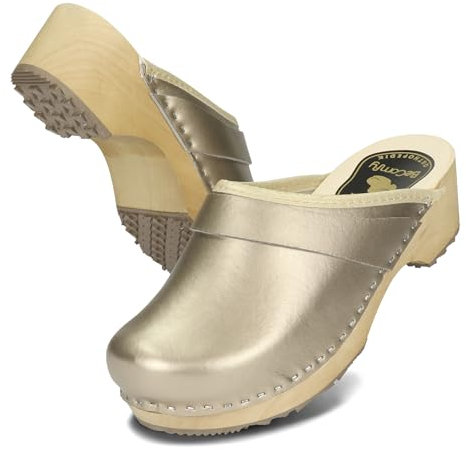 BeComfy Sabots en Cuir pour Femme Mules à Talons en Bois Métallique Or Argent Rouge 35 36 37 38 39 40 41 EU (Or, Système Taille Chaussures EU, Adulte, Numérique, Large, 37)