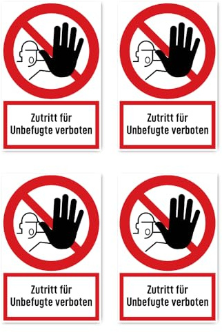 Aufkleber: 150x100 mm, 4 Stück - Zutritt für Unbefugte verboten - Verbotszeichen mit Text (deutsch) (rot/weiß) - hochkant - D-P006 - DIN EN ISO 7010 / ASR A1.3