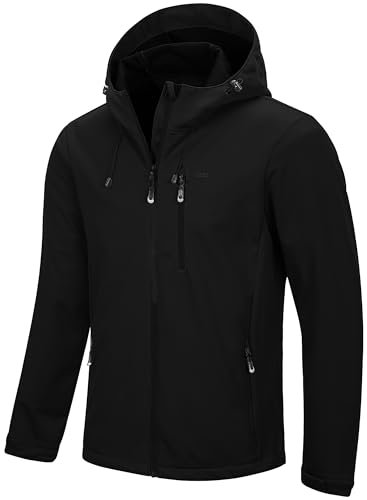 33,000ft Herren Softshelljacke Wasserbeständige Winddichte Funktionsjacke Atmungsaktive Übergangsjacke Leichte Fahhradjacke mit Kapuze Ohne Fleecefutter Schwarz L