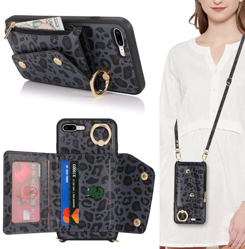 Lipvina Coque pour iPhone 7 Plus avec Cordon Porte Carte Coque iPhone 8 Plus zippé Portefeuille Femme Telephone Portable Réglable Collier Housse Étui avec Anneau pour Femmes - Léopard Noir