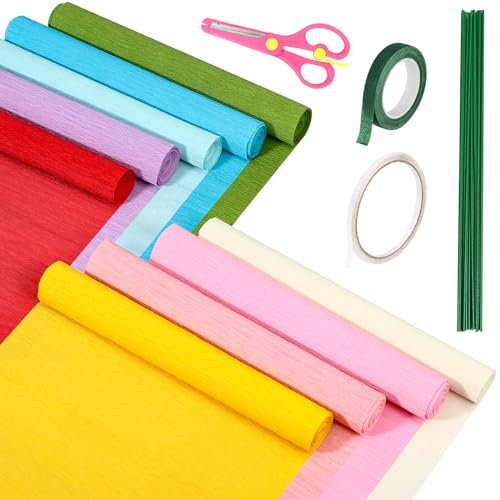 Draupnir 9 Rollos Papel Crepé, 25x250 cm Papel Crepe Colores con Cable Verde, Banda Floral, Cinta Adhesiva Doble Cara y Tijeras para Fiestas, Cumpleaños, Boda Decoración