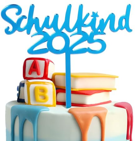BETESSIN Tortendeko Einschulung Junge Blau - Schulkind 2025 Cake Topper aus Acryl - Schulanfang Kuchendekoration - Schuleinführung Deko für Einschulungstorte