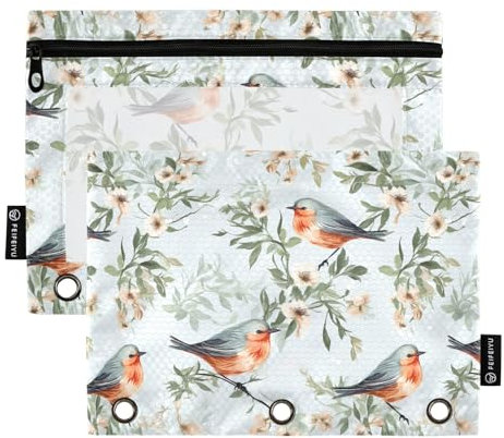 CHIFIGNO Federmäppchen mit 3 Ringen, Vögel auf Ästen, 2 Stück, Federmäppchen mit transparentem Fenster, Federmäppchen für Büro, College