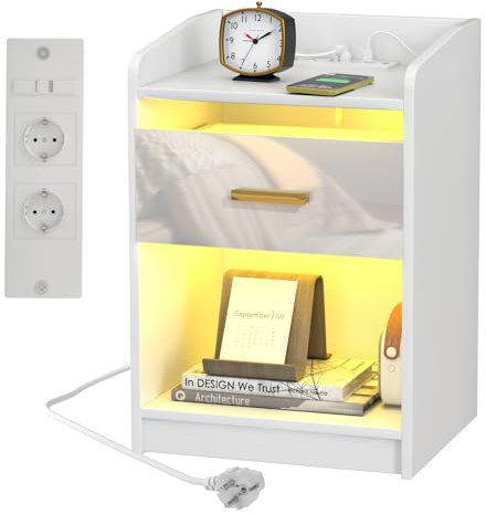 Lvhecforhm Table de Chevet avec Éclairage LED, Table de Nuit avec Station de Charge, 2 Prises et 2 Ports USB, Haute Brillante Table Chevet avec Tiroirs Blanc, Moderne Table d'appoint Salon 40x35x58cm
