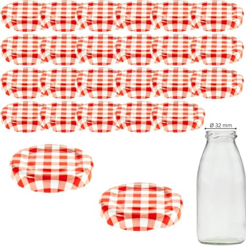 mikken 25 Deckel TO43 4,5 cm für Glasflasche Twist-Off Ersatzdeckel Schraubdeckel für Milchflaschen und Saftflaschen Farbe rot weiß kariert