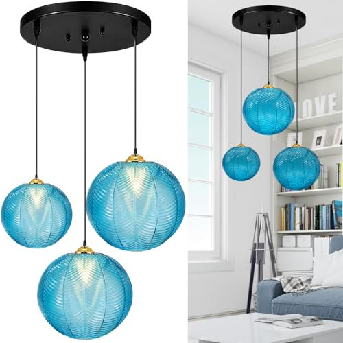 GCQ Grand luminaire suspendu 3 en 1 en verre, bleu E26 E27, lustre moderne du milieu du siècle, lustre moderne côtelé soufflé globe à suspendre pour salon, restaurant, bar