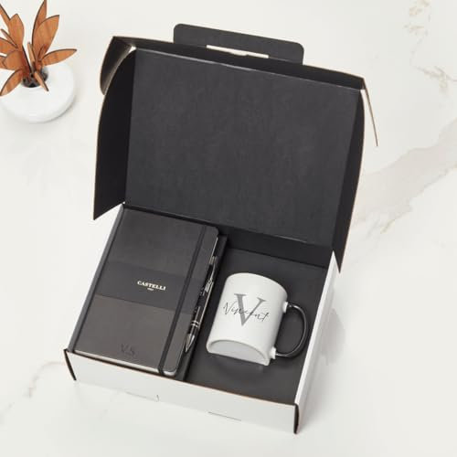 Personalised Corporate Gift Set Box - Custom Castelli Notebook, Pen & Initial Mug Gift Set Graduate Gifts Gifting for Employees Business - Corporate Christmas Xmas Presents for Staff (Black)