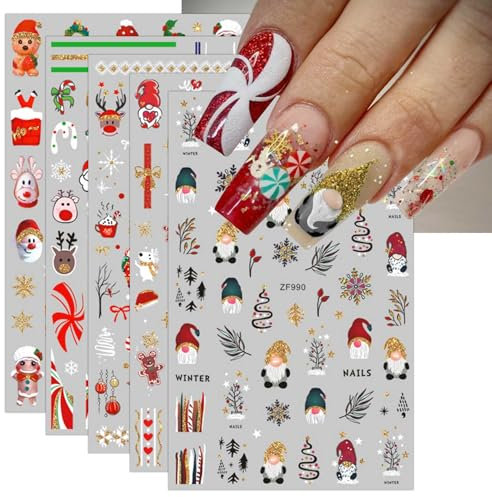JMEOWIO 10 Sheets Christmas Glitter Nail Art Stickers Decals Self-Adhesive Snowflake Gold Winter Holiday Cute Nail Supplies Nail Art Design Decoration Accessories