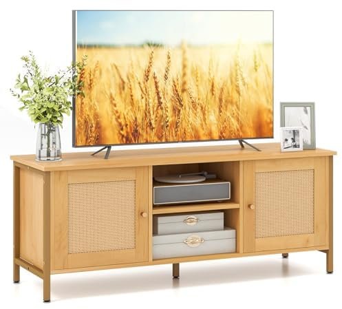 GYMAX TV-Schrank Rattan, Fernsehschrank für TV bis zu 55 Zoll, Fernsehtisch mit offenen Regalen, 2 Tür & stabilen Metallbeinen, TV Lowboard, TV-Konsole für Wohnzimmer & Schlafzimmer, 120 x 40 x 48 cm