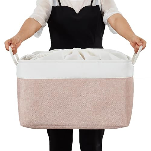 Mangata Aufbewahrungsboxen aus weichem Stoff, verschiedene Größen, rechteckige Behälterkörbe für Regal, Kleiderschrank, Spielzeug und Kleidung, 45 x 35 x 24 cm, Rosa und Weiß (XL, 1 Stück)