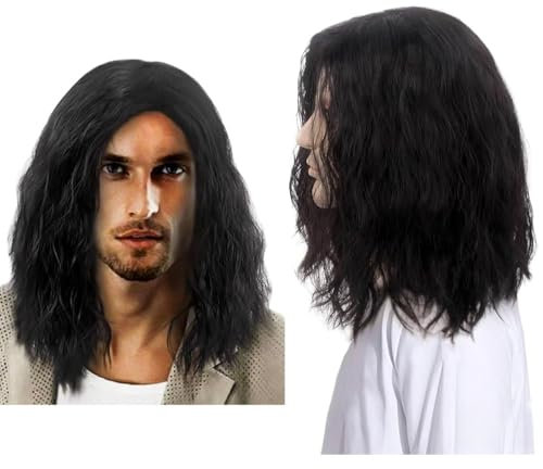 SDXCJY Mens Long Black Wig Mid Length Curly Hair, Long Wave Wig for Men,16 Inch Synthetic Heat Resistant Hair Rocking Dude Wigs for Men,70s 80s Fancy Dress Daily Costume Party Halloween (black)