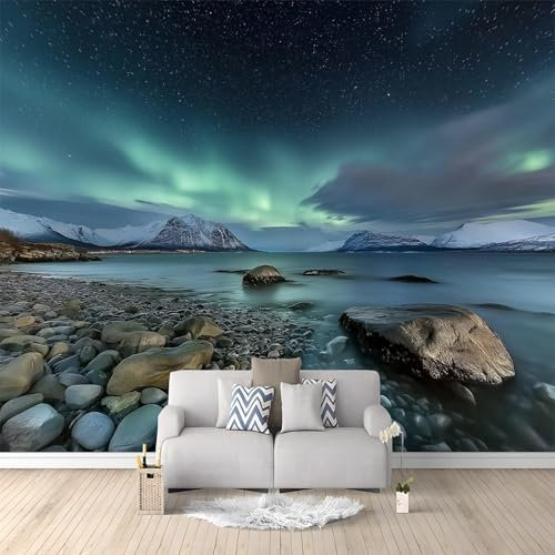Vlies Fototapete 200 x 140 cm Wanddekoration Natur Nordlichter An Der Küste Motiv Wandbild tapeten Schlafzimmer Wohnzimmer Kind zimmer 3d Effekt Wand Dekoration Dunkel Bedruckte tapeten
