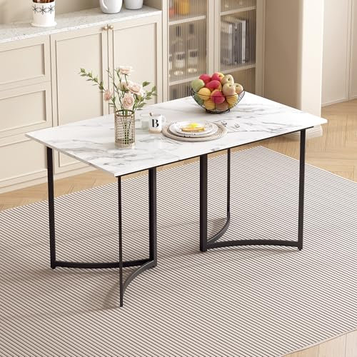 Merax Esstisch 140x80cm, Esstisch mit Marmoroptik für 4-6 Personen, Metallrahmen, verstellbare Tischbeine, Küchentisch Esszimmertisch für Restaurant, Wohnzimmer, Küche,Wohnzimmer, Weiß/Schwarz