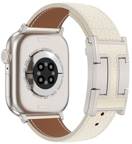 CHANCHY Lederarmband für Apple Watch armband 46mm 45mm 44mm 42mm(Series 3), Ersatzarmband aus echtem Leder für iWatch SE/Series 10 9 8 7 6 5 4 3 2 1,Beige+Polarstern Schnalle