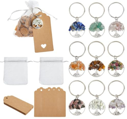 SUPERFINDINGS 18pz Albero della Vita Portachiavi Albero della Vita in Argento Portachiavi con Chip di Pietre Portachiavi in Pietra Cristallo Naturale Etichette e Sacchetti per Matrimoni Shower Favori