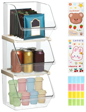 Jiayaus 3PCS Tea Bag Storage with Stickers and Label, Clear Stackable Coffee Pod Holder, Acrylic Coffee Station Organiser, Open Drawers for Coffee Pod, Teabag, Snacks, Kitchen, Home, Office