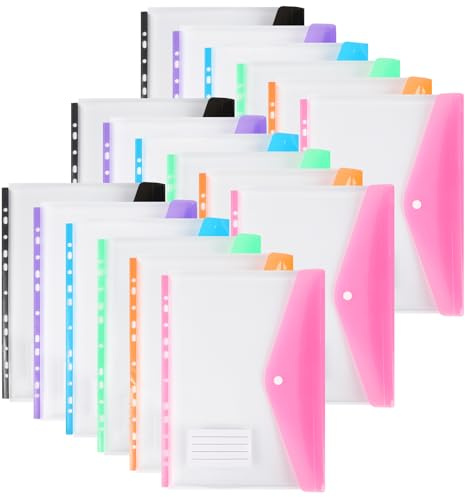 Kunststoffmappen A4, gelocht, 11 Löcher, erweiterbar, Ordnermappen für 2/3/4 Ring Dokumententasche mit Druckknopf & Etikett, lose Blätter, transparent für Büro, Schule, Zuhause (18er-Pack - seitlich