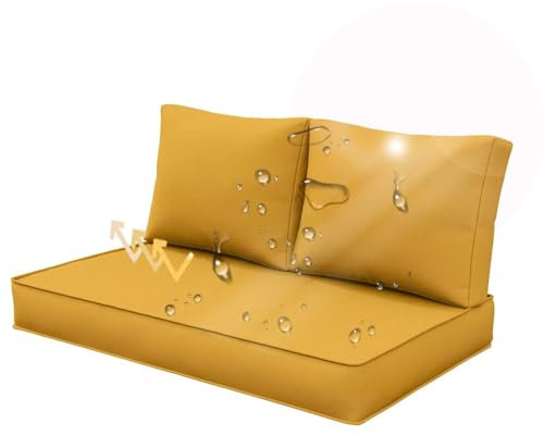 Palettenkissen Outdoor Wasserdicht 120x60cm, Palettenpolster Set - Paletten Kissen 120x60 + Palettensofa Rückenlehne 60x40, Auflagen für Paletten Europaletten Palettenmöbel Balkon Sitzkissen, Gelb