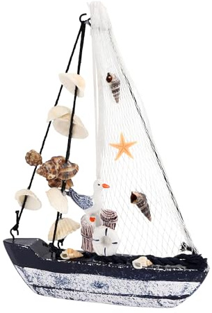 Muschel Nautische Deko, Holz Segelboote Modell Modellschiff Segelyacht | Nautische Segelboot Ornament Yacht Schiff Boot Höhe mit Mast ca.19.5 cm für Wohnzimmer Schlafzimmer