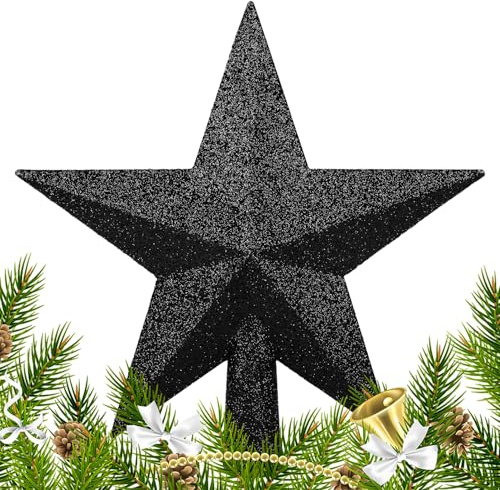VEYLIN Black Glitter Christmas Tree Topper Star, Hollow Bottom Xmas Tree Top Star for Christmas Tree Ornament