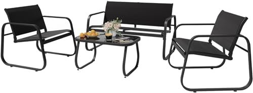 UDPATIO Gartenmöbel Set, Balkonmöbel Set 4 Personen, Garten Sitzgruppe mit Tisch, Sofa und 2 Sesseln, Wetterfest, Kleine Gartenmöbel Outdoor für Balkone, Terrassen, Schwarz