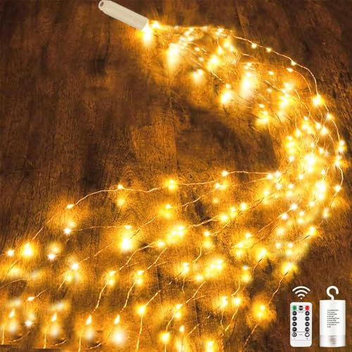 Dekofun Lichterschweif 2M 200 LED Weihnachtsbeleuchtung mit Batterie, Timer, Fernbedienung, Lichterstrang 8 Modi Lichterkette Wasserdicht Lichterbündel für Weihnachten Außen Innen Deko - Weiß