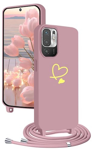 YANJIEER für Xiaomi Redmi Note 10 5G Handyhülle mit Band, Mädchen Frauen Handykette Case mit Süßes Herz Love Motiv, Umhängen Kordel, Dünn Silikon Stoßfeste Schutzhülle Cover Rosa
