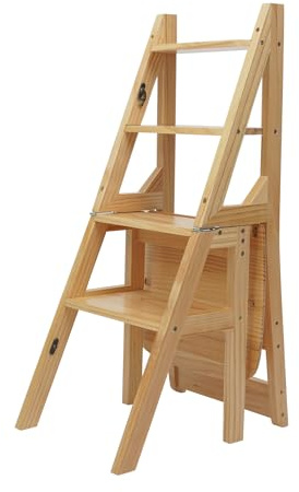 Silla escalera plegable de 4 peldaños, taburete convertible de madera, silla escalera con peldaños de madera, taburete plegable, escalera multifunción, capacidad de carga 100KG, para dormitorios