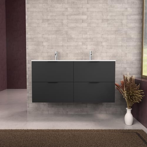 INDA | Badezimmerschrank L.120 mit Doppelwaschbecken matt/schwarz matt 4 Schubladen - Topas