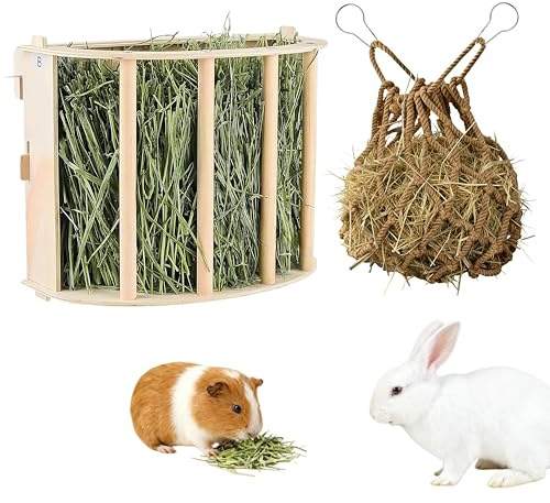 2-in-1 Holz Heuraufe & Futternetz, Kaninchen Käfig Zubehör mit Heu Futter Spender und Aufhängendem Heu Netz für Hasen, Meerschweinchen, Chinchilla, Geflügel, Küken