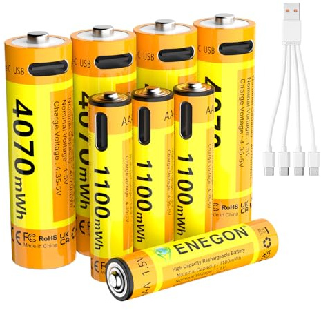 ENEGON Rechargeable Lithium 4xAA and 4xAAA Batteries,1.5V 4070mWh with 4-in-1 USB-C Cable,Ideal for Remote control, Electronic scale, Ear thermometer, Game controller and more.