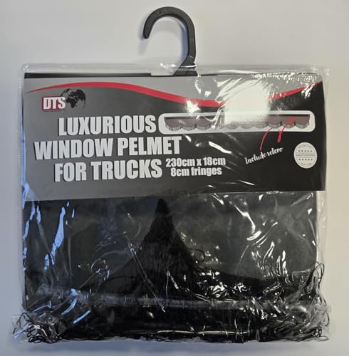 DTS Luxuriöser LKW Scheibenbordüre, Grau Samt (230cm x 18cm) mit schwarzen Fransen (8cm), Klettverschluss, Gardine für Truck Innenausstattung.