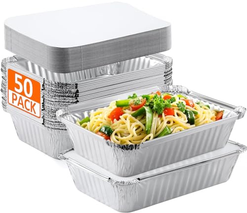 Foil Trays with Lids 50 Pcs, Aluminium Foil Trays (185×140×45mm)/650ml | Foil Containers with Lids Oven,Air Fryer & Freezer Safe,Takeaway Boxes, Foil Pie Dishes for Buffet,Meal Prep & Catering Party