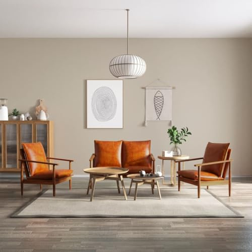 SKTQYQO 3-teiliges Sofa-Set aus braunem Echtleder und massivem Akazienholz, Sessel und 2-Sitzer-Sofa für Wohnzimmer, gepolsterter Sitz, solide Struktur und Retro-Design, einfache Reinigung