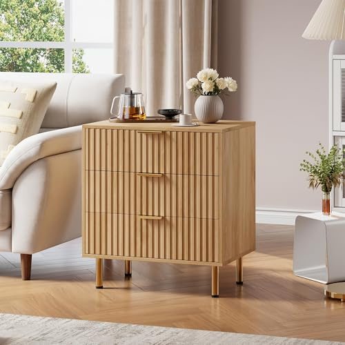 OPULENTHOME Holz-Nachttisch, Kommode Mit 3 Schubladen, Beistelltisch Mit Metallgriffen Und Metallbeinen, Für Schlafzimmer Und Wohnzimmer, 70 x 40 x 76 cm
