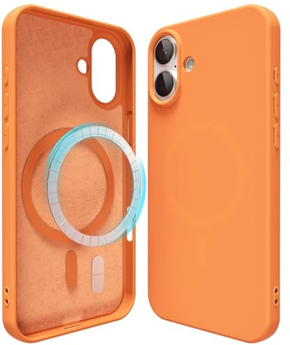 oakxco für iPhone 16 Hülle Magsafe Silikon Handyhülle Bunt, Ultra Dünn Slim Case Einfarbig Handy Hülle Mädchen, Magnetisch Induktives Laden Schutzhülle Matt Silikonhülle Glatt TPU Gummi, Neon Orange
