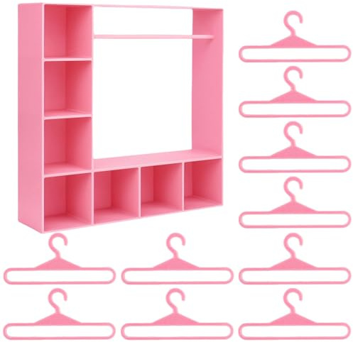 EcoGleam Puppen-Kleiderschrank, Puppen-Kleiderbügel und Ständer-Set für Puppenhaus-Versorgung (Rosa)