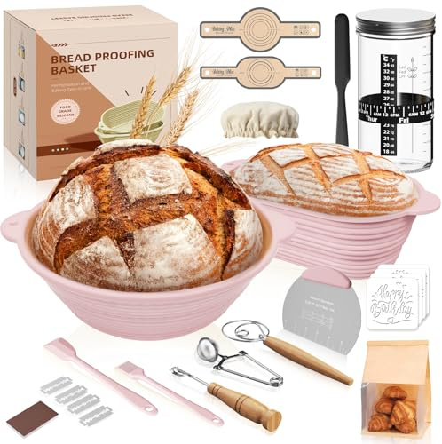 MQFORU Sauerteig Starter Set 30-Teilig, Gärkörbchen 29cm Oval & 28cm Runde | Rosa Klappbare Silikon Gärkörbe, 730ML Sauerteig Glas Set, Komplettes Brotback Zubehör für Anfänger & erfahrene Bäcker