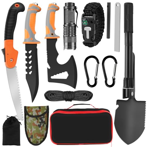Outdoor Messer Survival Set, Survival Messer Set mit Klappsäge Outdoor Klappspaten Camping Axt und Flintstones Zweiteiliges