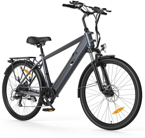 Touroll J2 Vélo électrique Homme Femme 26 Pouces, Autonomie 100KM, Moteur 45Nm, Batterie Amovible 561,6Wh, 7 Vitesses, Vélo électrique Urbain pour trajets Quotidiens, Vélo Électrique Adulte (Gris)