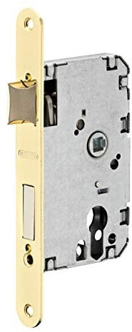 Cerradura de cilindro empotrada para puerta de entrada, con retroceso de 50 mm, extremos redondeados, latonada, media vuelta reversible, pestillo de aleación cincada - THIRARD