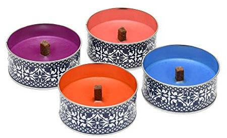 5 Stück Rivanto® Portugiesische Kerze in Dose, Ø10 x H4,5 cm, farbig sortiert, Farbwahl nicht möglich, lila/pink/orange/blau, Wachskerze in Blechdose