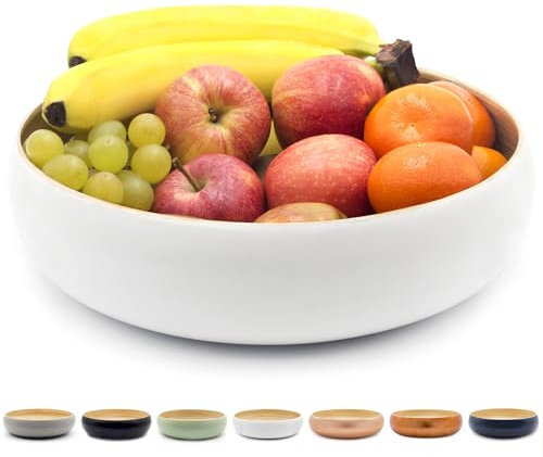 Dehaus® Saladier Fait Main Bambou Grand 30 cm, Élégante Corbeille à Fruits, Corbeille à Pain, Bol à Salade en Bois ou Panier Fruit, Bol de Service Rond (Blanc)