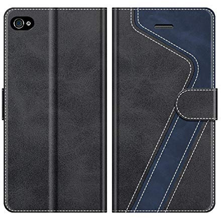 MOBESV Flip Wallet Case for iPhone 4S / iPhone 4, Black/Dark Blue, Synthetic Leather & Silicone, Shock-Absorbent, Magnetic Closure, Card Slot, Unisex, Fashion
