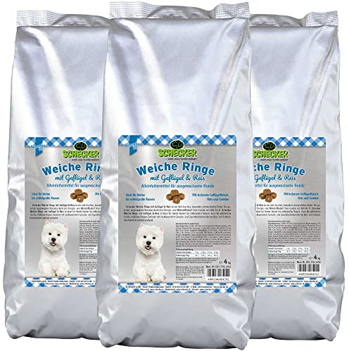 Schecker Weiche Ringe – halbfeuchtes Trockenfutter für ausgewachsene Hunde – mit Geflügel, Reis und Gemüse – ideal für kleine bis mittelgroße Rassen – extra weich & schmackhaft