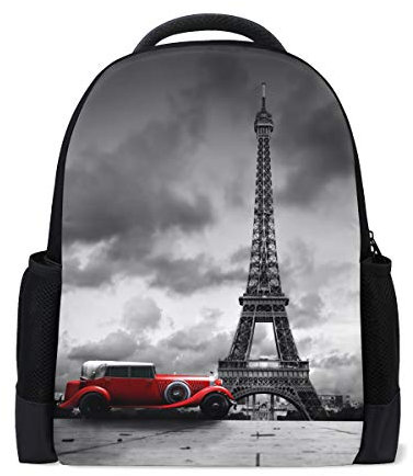 Paris Frankreich Effel Tower Reise Laptop Rucksack Schule Buch Tasche Vintage Rot Auto Straße Causal Tagesrucksack Outdoor Business Wandern Rucksäcke Camping Schultertaschen für Studenten Damen Herren