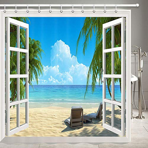 JOOCAR Garden Shower Curtain, Palm Tree Decor Ocean Beach Seascape Through White Wooden Windows Summer Scene Tropical Island Blue Green, Waterproof Cloth Fabric Bathroom Decor Set with Hooks