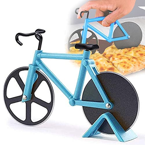 Fahrrad Pizzaschneider, Edelstahl-Pizzaschneider, Edelstahl-Fahrrad-Radschneider, Kuchenschneider, Antihaftbeschichteter Edelstahl Pizzaroller mit Ständer, 100% Essen Grade Pizza Schneider, Himmelblau