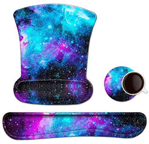 Keyboard Wrist Rest Pad Ergonomic Mouse Pad Set, ToLuLu Cute Gel Mouse Pad for Computer Laptop, Non Slip Mousepad Keyboard Wrist Support with Raised Memory Foam for Easy Typing Pain Relief, Galaxy